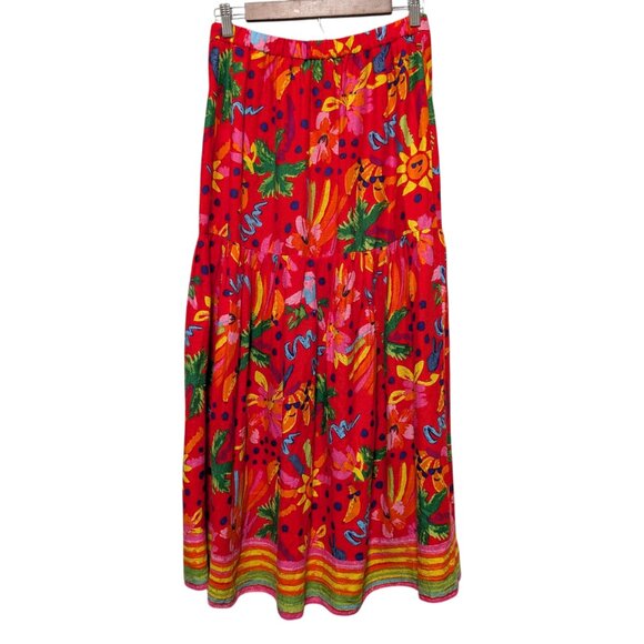 Maison d'Amelie Womens Size S Red Tropical Print Linen Rayon Pull On Midi Skirt - Picture 3 of 9